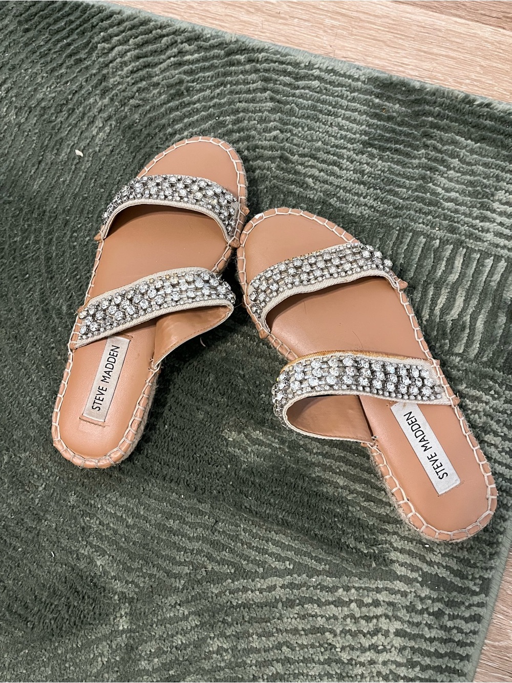 Steve Madden Tan Slide Sandals with Crystal-Embellished Double Straps